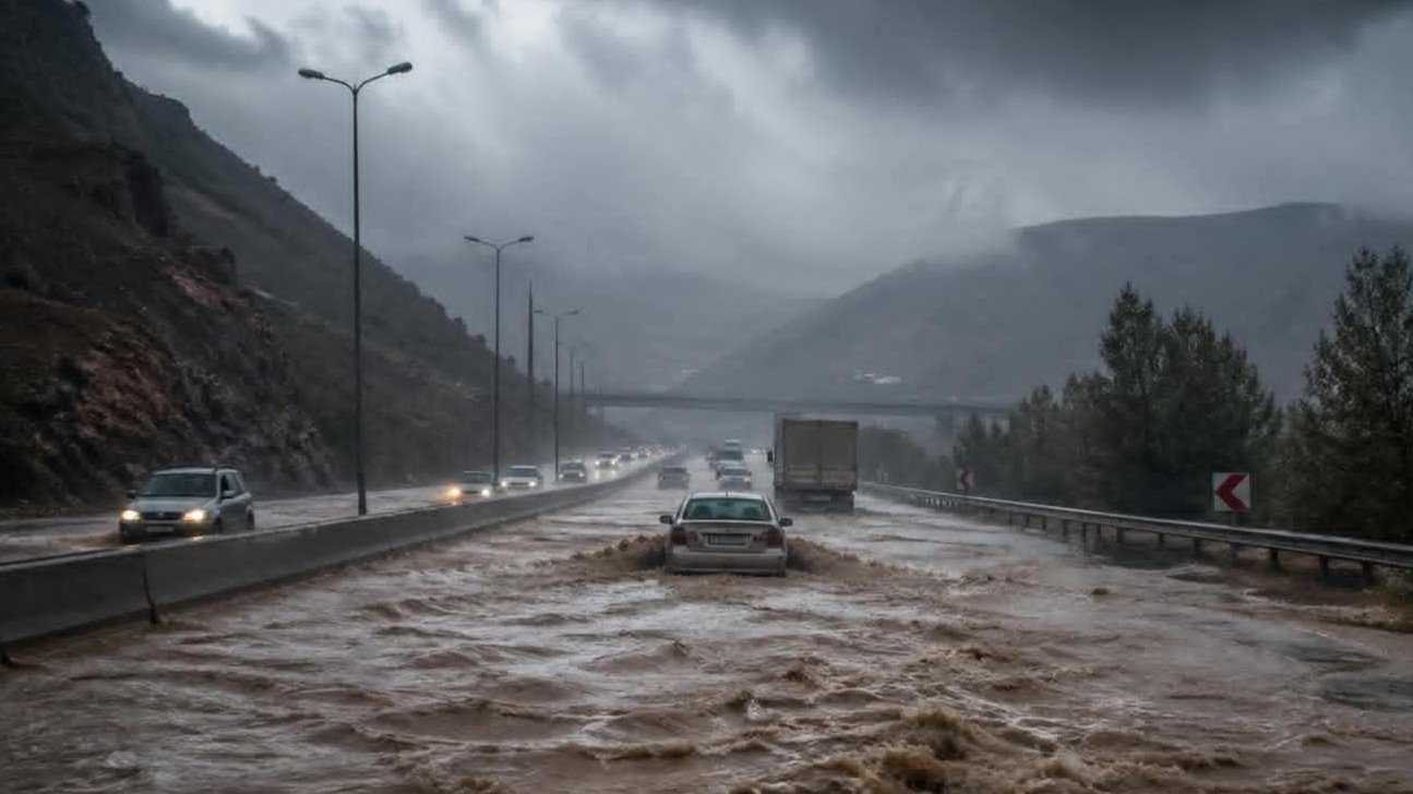 سيول جارفة تضرب الطريق الدولي دمشق – حمص وتحذيرات للسائقين